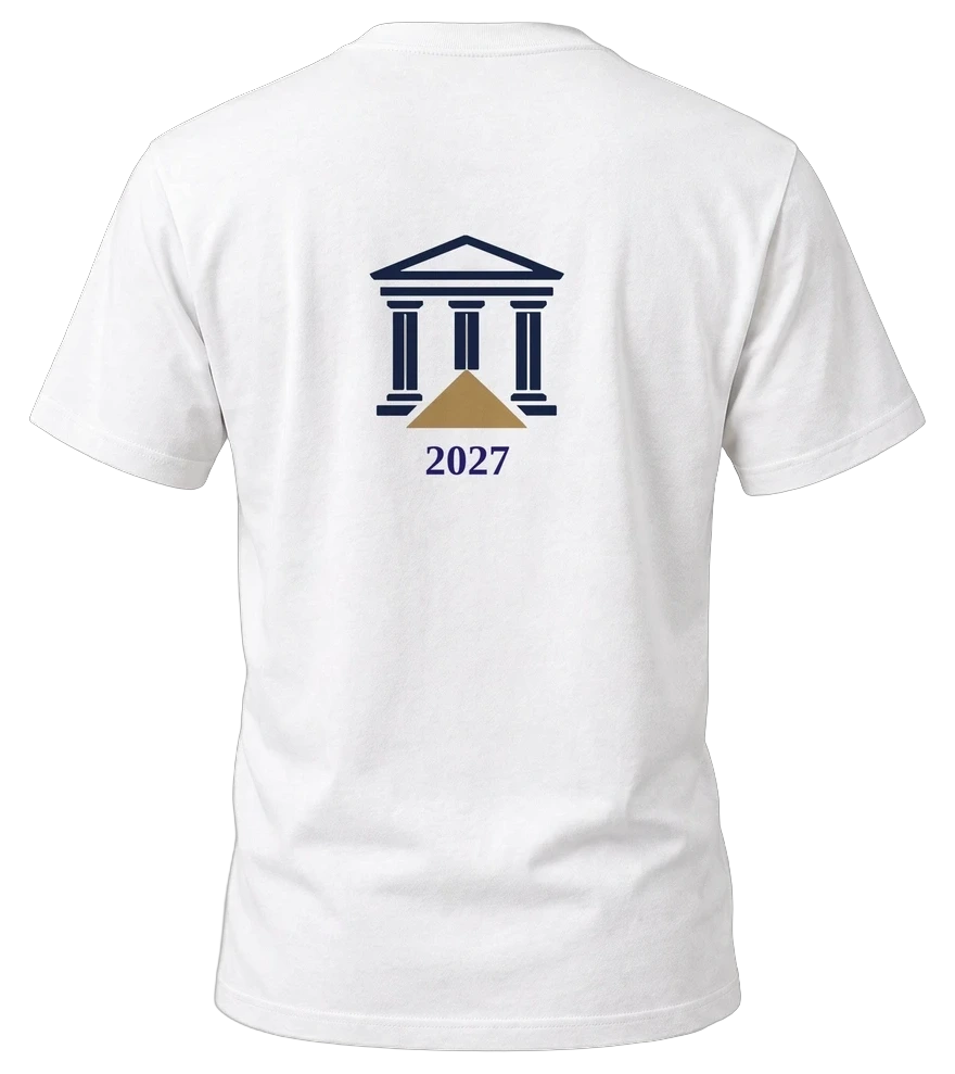Back of the Legal Pathways tee with the courthouse emblem and 2027